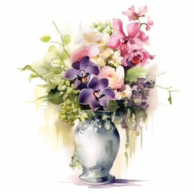 clipart vase of flower, the vase is made of clear glass, inside the vase there should be spray roses in full bloom , calla, dahlia, baby's breath, bells of ireland, larkspur, orchid, with eucalyptus leaves, add magical elements and shadows at the bottom, watercolour, high quality, HD,