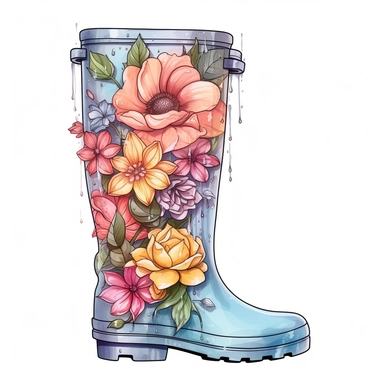 Women's rain boots autumn and flowers style by Lucy Fleming, watercolor, smooth gradients, black contour outline, ultra detailed, clipart elements, delicate pastel colors, solid white background, super clear, high quality