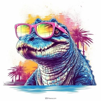 clip art of retrowave Alligator on white background