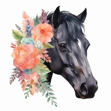 Watercolor Minimalist floral Black Horse Face clipart, hyper realistic, detailed, stylised, nature scene, hyper detailed, cozy colors