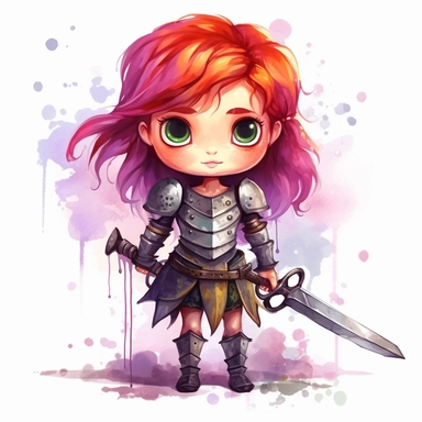 Clipart of a cute little girl brave happy warrior. She is red headed with green eyes. The background is watercolour. Cute and modern knight outfit. full body. wearing black and purple