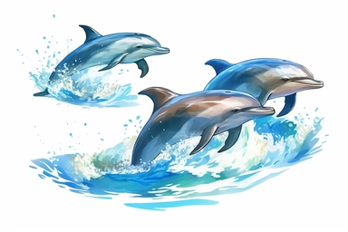 Acrylic painting Vector art of a pod of dolphins jumping in the ocean, clipart HD, on a white background, spaced out UHD, 8K
