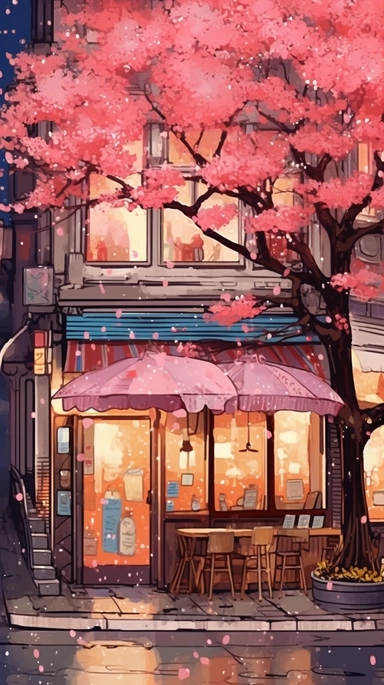 Very very cute and Whimsical quirky Jazzy coffee shop, building corner, cherry tree blossom, Raining colorful, Watercolored illustration in the style of Michael Powell, clipart, city vibe background - 8K
