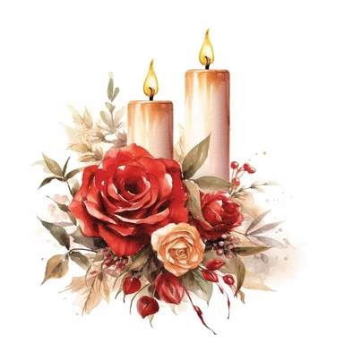 watercolor, white background, clipart, watercolor, white background, ultra-realistic and hyper-detailed clipart beautiful candle arrangement red roses, red and rich gold hues