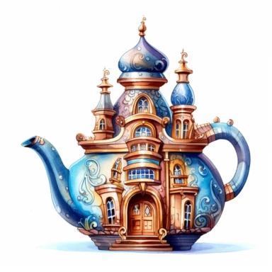 fantasy teapot house, watercolor clipart, white background, hyperrealistic | COLOR PALETTE: rosy brown, gold, powder blue