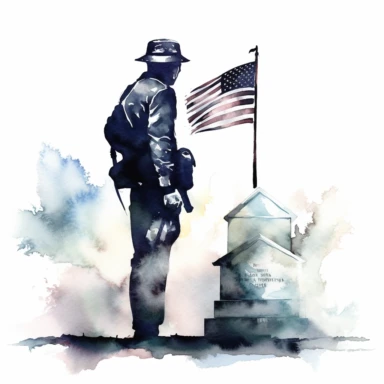 watercolour clipart , Showing the soldier silhouette against a backdrop of an American flag draped over a tombstone or memorial. This theme represents honoring and remembering those who have lost their lives while serving in the military. White background. ultra detailed