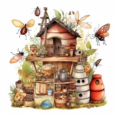 Watercolor boho backyard bug hotel, illustrations clipart set, simple, soft colors, cartoon elements, different variants, insects, ladybug, ants, grasshopper separate elements with a margin
