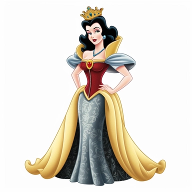FULL-BODY PERSPECTIVE OF A 2D DISNEY CLIPART ILLUSTRATION OF A BEAUTIFUL AND BENEVOLENT QUEEN, WHITE BACKGROUND, STYLE OF DISNEY'S 1937 MOVIE SNOW WHITE, WHITE BACKGROUND