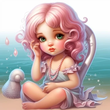 clipart of super cute baby girl in the beach white background full body, sitting on a chair on the sand, charming anime characters Thomas Kinkade Nadja Baxter Anne Stokes Nancy Noel