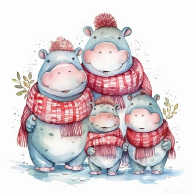 charming family of 4 hippopothamus, Christmas morning, festive decor and mood, ornamental watercolor, clipart