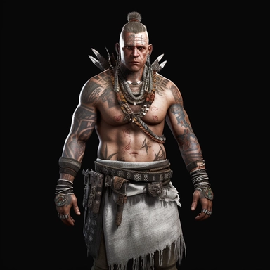 a white male, full body shoot, wearing tribal clothing and doll head necklace post apocalyptic, unreal game engine style, different poses, detail, clipart, black background, one of a kind--ar 16:9