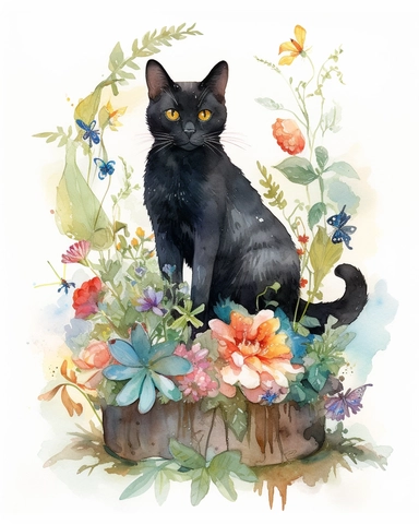 Watercolor Painting of black Bombay cat wearing overalls, , sitting on stump surrounded by wild Texas Flowers, on white background good anatomy, DETAILED ILLUSTRATION, Flemish Baroque, Rococo, white background, Intricate Detailed, Soft Light Effect, Oil Paint Strokes, Light Academia Aesthetic Flowers, Lighting cinematic, all shown shimmering stamens, tyndall light, texture, colorful, 8k, fantasy, ray tracing, vivid, spectacular lighting, octane rendering, highly detailed, ultra - realistic, whit