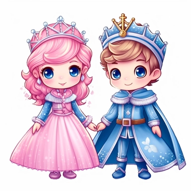 Cute pink snow Princess and blue prince Sublimation Clipart, Illustration clipart, 4K, extremely detailed Sublimation Clipart,Cartoon,hyper realistic, intricate detail, illustration style,high solution,on the white background