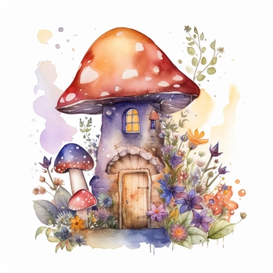 Watercolour illustration, A whimsical clipart image of a fairy house nestled among flowers, mushrooms, and twinkling lights, on white background
