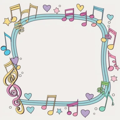 musical border frame, cute music border, clipart frame border, cute, vector image, white background, partially colored, coloring book style, cartoon, childish, pink, periwinkle, lite blue, teal, purple, golden, gold color, black and white, coloring book, simple, line art, character, white background,