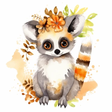 a delightful watercolor clipart image with a white background and vibrant colors, portraying a cute lemur playing. the ultra-detailed, hand-drawn elements capture the camaraderie and playfulness of the lemur. Use shades of gray, brown, and orange to create a visually appealing and lively image that conveys the spirit and liveliness of the lemur community.