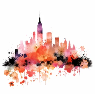 silhouette of New York skyline clipart, surrounded by flowers, watercolor style, white background
