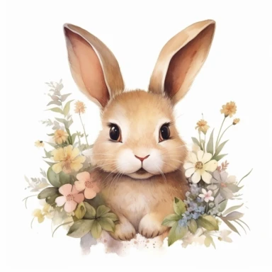 extremely cute bunny in an adorable hand painted watercolor style, surrounded by a beautiful natural setting featuring flowers. Use soft and pastel colors to create a warm and inviting feel. Make sure the animal is hand painted and has lots of personality, beautiful details, ultra detailed, ultra photo real intricate detailed, high definition, graphic clipart, hyper realistic,detailed, white background