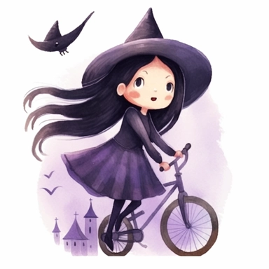 Mona the little witch, a little witch character, riding on a broomstick as if it were a bicycle, watercolor children's book illustration style clipart, simple, cute, full colour, purple witch hat, dark purplish hooded dress, black shoes, dark purplish clothes, long black hair, flat colour,