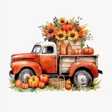 A red shabby American classic truck with two cute gnomes and pumpkins, sunflowers, maple leaves, autumn harvest, nature, watercolor clip art style, 4K HD,