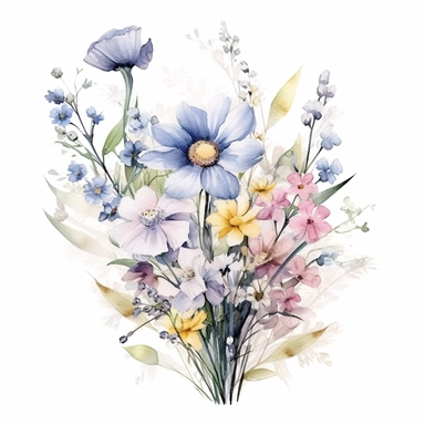 watercolor botanical flower arrangement with spring wild flowers, in the style of Francis Marte, watercolor art with delicate ink outline, soft atmospheric scenes, soft and dreamy atmosphere, poetic and atmospheric style, decorative paintings,white background, clipart