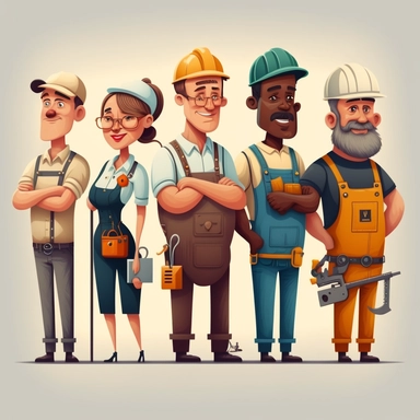 clipart of 6 skilled tradespeople of different ethnicities standing next to eachother, happy, corporate, builder, electrician, plumber, painter,