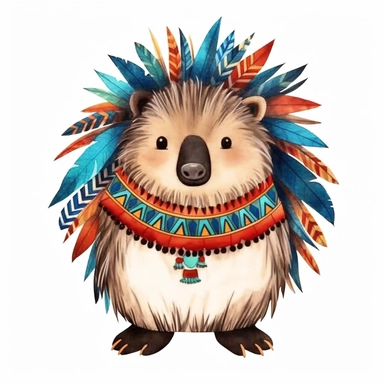 A super-cute tribal porcupine, watercolor illustration, Perfect for nursery art and children's book illustration style, simple, clipart, single object, white background for removing background
