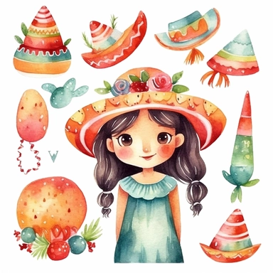 Watercolor cinco de mayo decorations, illustrations clipart set, simple, cinco de mayo colors, cartoon elements, different variants, cinco de mayo mexican hat, fiesta, mexican maracas, cute little girl with traditional mexican dress and hat, cinco de mayo sugar skulls, cinco de mayorose, separate elements with a margin