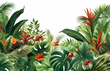 tropical plants background vector clipart, in the style of panoramic scale, white background, magali villeneuve, uhd image, creative commons attribution, unique framing and composition
