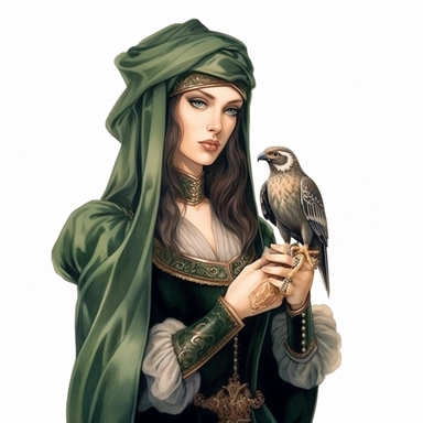 Medieval Lady holding a falcon on her gloved hand, stylish | COLOR THEME: dark green, olive green, army green, black, light pink | watercolor, clipart, hyperrealistic, white background