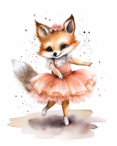 cute baby fox dressed up as a ballerina, twirling on her tippy toes in a tutu, watercolor clipart, hd, isolated on white background, spaced out