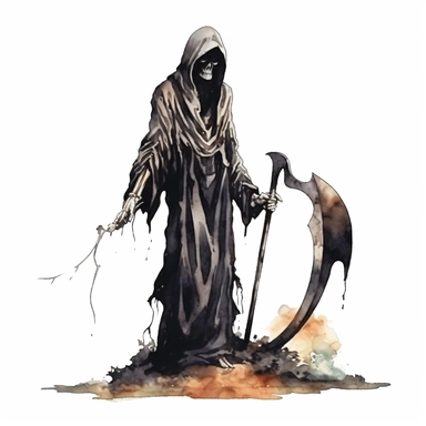 Grim Reaper hold the scythe, standing next to the tombstone, skulls Sublimation Clipart, watercolor Illustration clipart, 4K, extremely detailed, isolated on white background