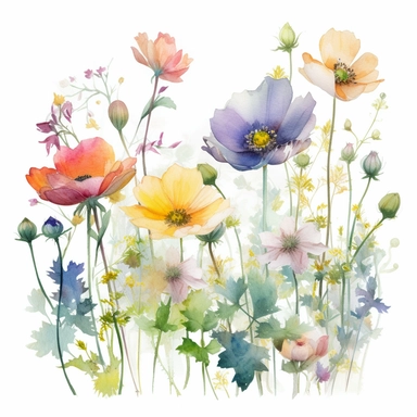 Watercolor Dreamy Wild Flowers Clipart, April Flowers, Bright Flowers, White Background, no caption, by Hiroko Koshino