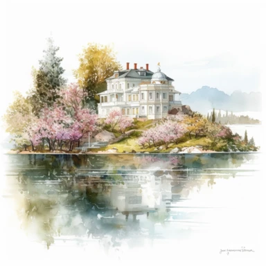 isolated on white illustration watercolor art of a elegant part of the lake embankment with small white houses and flowering trees with summer flowers, lace and embroidery, masterpiece by Carl Holsoe style and by Hannah Dale style and by Vladimir Kush style, PNG clipart, isolated on white, extreme photorealistic details, 32k HD resolution, realistic high detailization high resolution