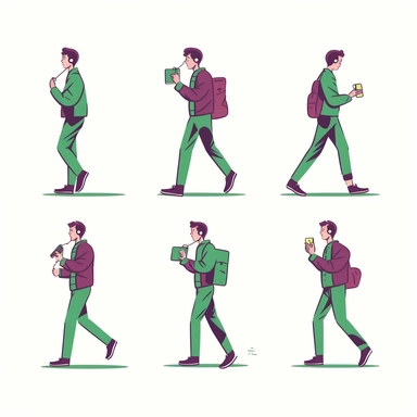 A man walking and talking on mobile phones vector clipart, in the style of reductionist form, the snapshot aesthetic, multiple screens, genderless, light maroon and light green, 1970–present, cartooncore
