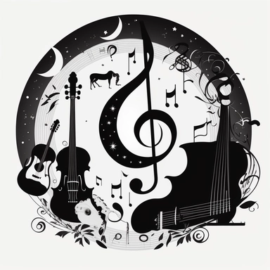 clipart representing classical music, with classical instruments in the centre. Beautiful, flat, classic style, black and white, round image borders