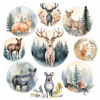 animals , geometry ,forest scene, Watercolor clipart bundle, png format, 300 dpi, 8k, vintage