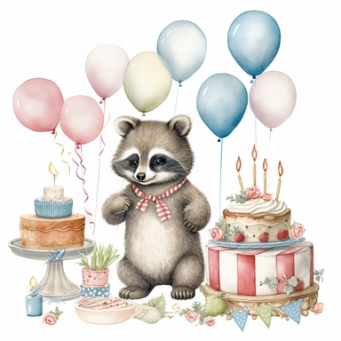 clipart of baby raccoon in birthday party with a balloons, cake with candles, illustration on white background, in the style of victorian - era clothing, embroidery, beatrix potter, 32k uhd, grainy, flickr, plush doll art, watercolor art by Susan Wheeler and Marjolein Bastin