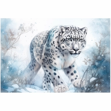High level watercolor, hyper realistic, white background with borders, 8k, ultra detailed clipart, big, futuristic, snow leopard walking through the forest, its frosty breath creates swirling snowflakes and ice formations in the air, fabulous, cool, pastel blue