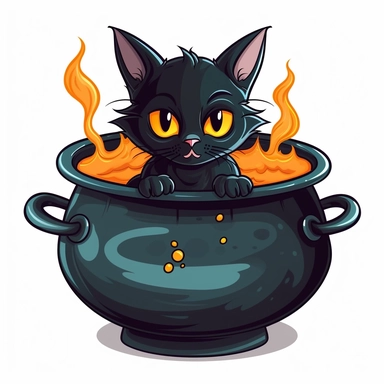 cartoon drawing black cat inside a witch cauldron, clipart, white background