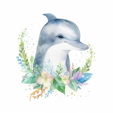 a whimsical baby dolphin with kind eyes clipart with watercolor illustration,full body shot,8k,etsy style, white background