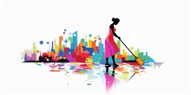 a maid with a mop, cleaning up colorful location data spilled on the floor, location icons are everywhere, clipart, vector graphic, very low detail, in the style of minimalist illustrator, white background