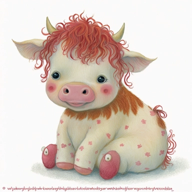 Cute - french style sitting baby cow smiling clipart, pink red hairclip in its hair, childlike innocence and charm, adorable eyes, rosy cheeks, shy posture, proper hooves, feminine sensibilities, realistic drawing in storybook illustration, pencil drawing by Angela Barrett, Elsa Beskow 300 DPI, valentines day themed, white background