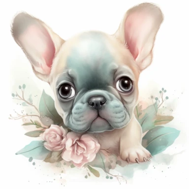 super cute newborn baby frenchie clipart with huge cute baby blue eyes happy smiling mouth painted in watercolor style, splashes, muted pastel blush pink and muted pastel sage green and muted pastel sage blue eucalyptus and peony flowers, white background jasmine becket griffith style hyper-realistic photorealistic hd
