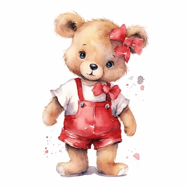 watercolor teddy bear in red shirt, ribbon on her head, clipart, on white background