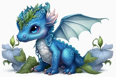 Cute baby Dragon PNG, full body, great wings, Dragon Clipart Illustration, blue Dragon Clip Art for Sublimation, Scrapbooking and Crafts, Dragon Art for Kids , flowers on head, white background,