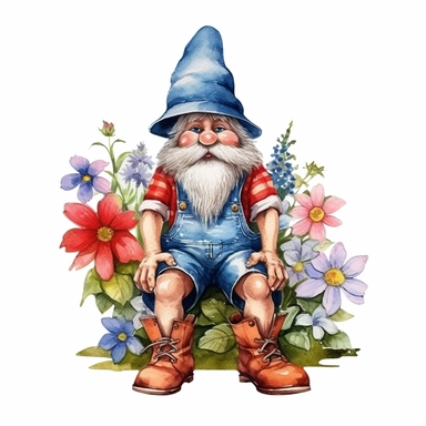 the most cute whimsical cartoon gnome, with hat over eyes, wearing a summer flowers hat and poulaines shoes, hands in his pockets, sitting, clipart, white background with margins