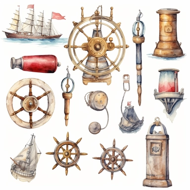 watercolor nautical docking equipment , illustrations clipart set, simple, , cartoon elements ,different variants , brass elements, , separate elements with a margin, ,4k, high resolution