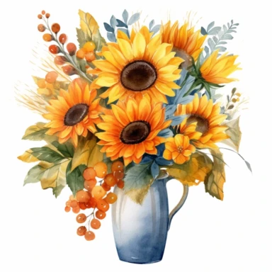 watercolor sunflowers Bouquets in a vase with leaves, clipart, multiple flowers in a bouquet, different composition, ultrarealistic, high details, isolated on white background