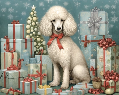 christmas poodle clipart christmas cliparts for dogs, in the style of reginald marsh, elaborate borders, dark silver and aquamarine, 1940s–1950s, lois greenfield, twisted branches, dee nickerson